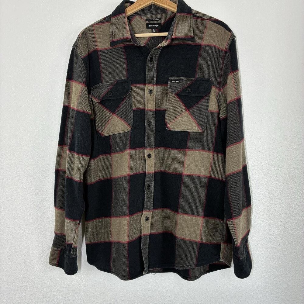 Brixton Bowery Shirt Mens Large Black Tan Plaid Flannel Long Sleeve Button Up